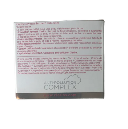 Clarins anti-pollution complex packaging with text on a light gray background